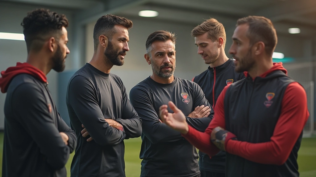 فريق من مدربي كرة القدم المحترفين يعملون معاً في جلسة تدريب