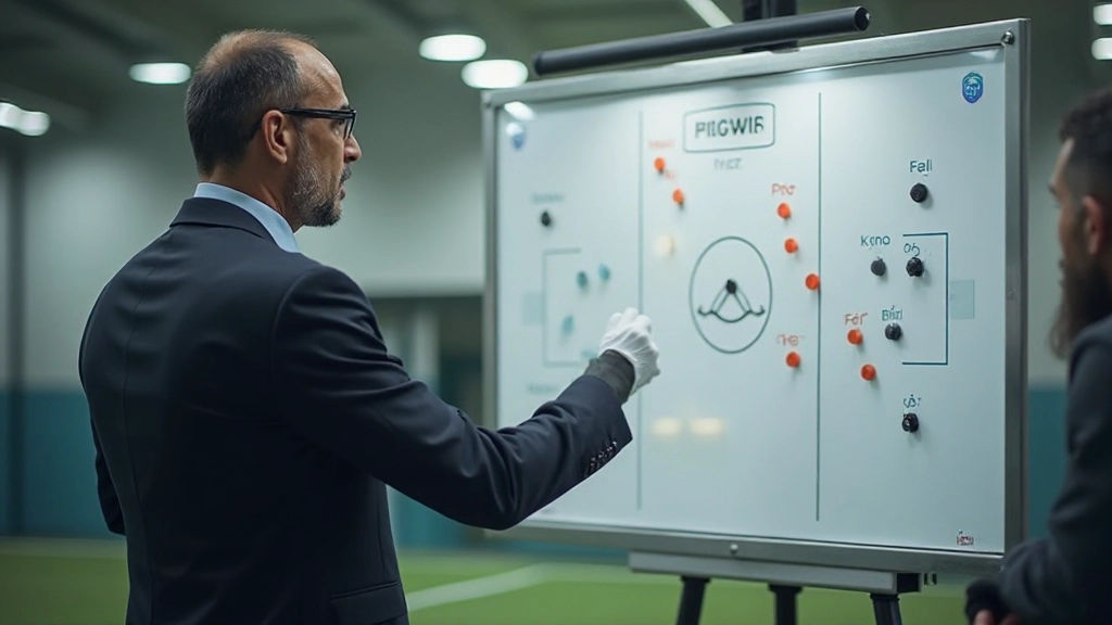 مدرب كرة قدم يشرح استراتيجيات اللعب لفريقه باستخدام لوحة تكتيكية