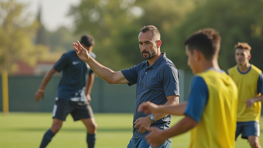 مدرب كرة قدم محترف يوجه اللاعبين أثناء التمرين على الملعب