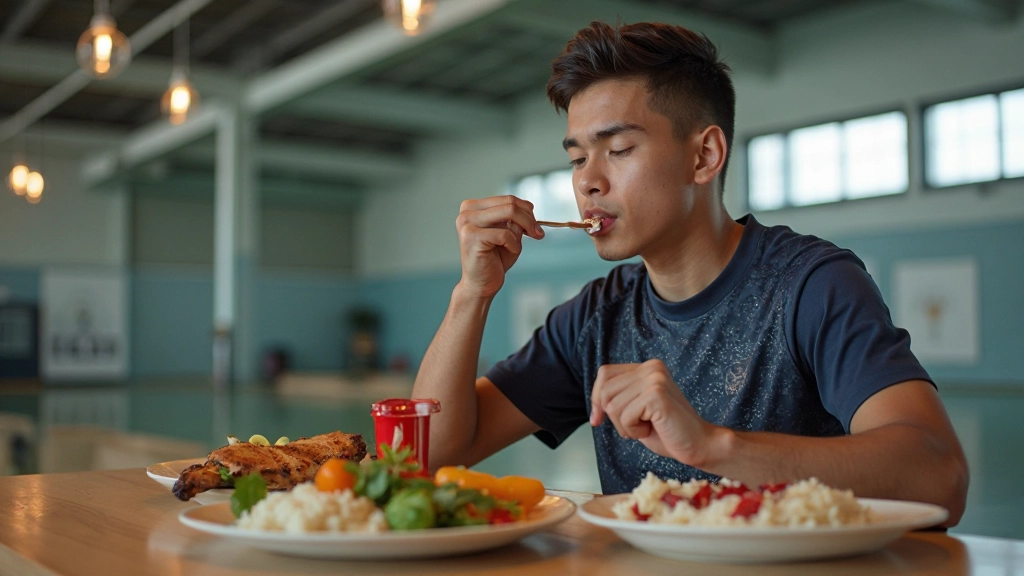 لاعب كرة قدم يتناول وجبة متوازنة صحية تتضمن بروتينات وخضروات طازة بعد التدريب