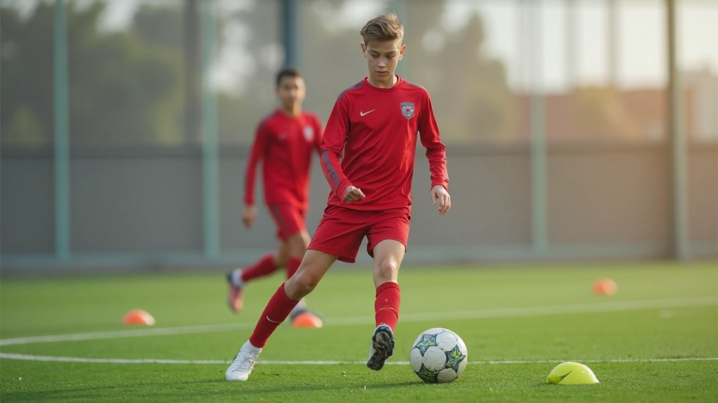 لاعب شاب يتدرب على مهارات التحكم بالكرة في ملعب تدريب حديث